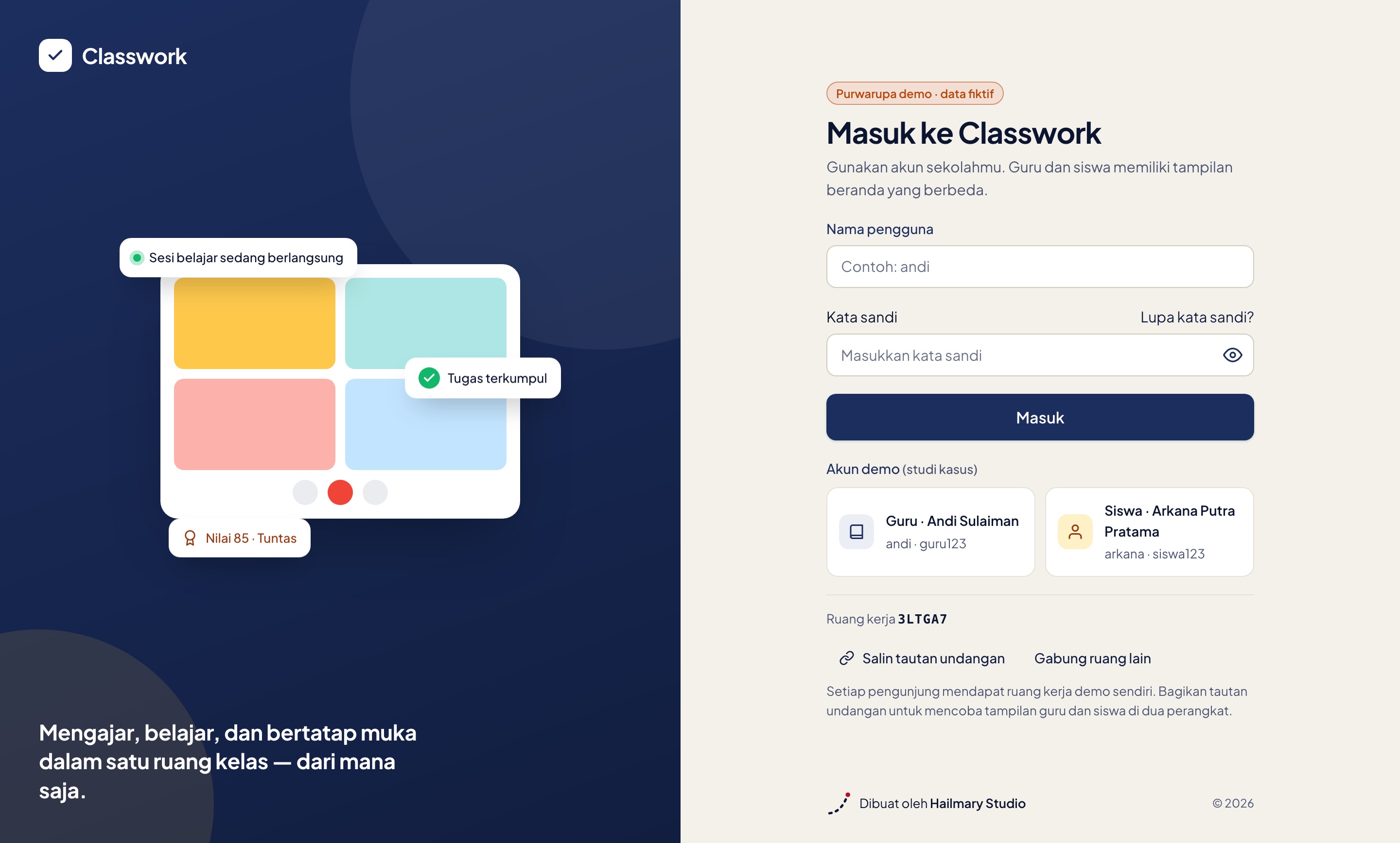 Classwork sign-in page with demo teacher and student accounts