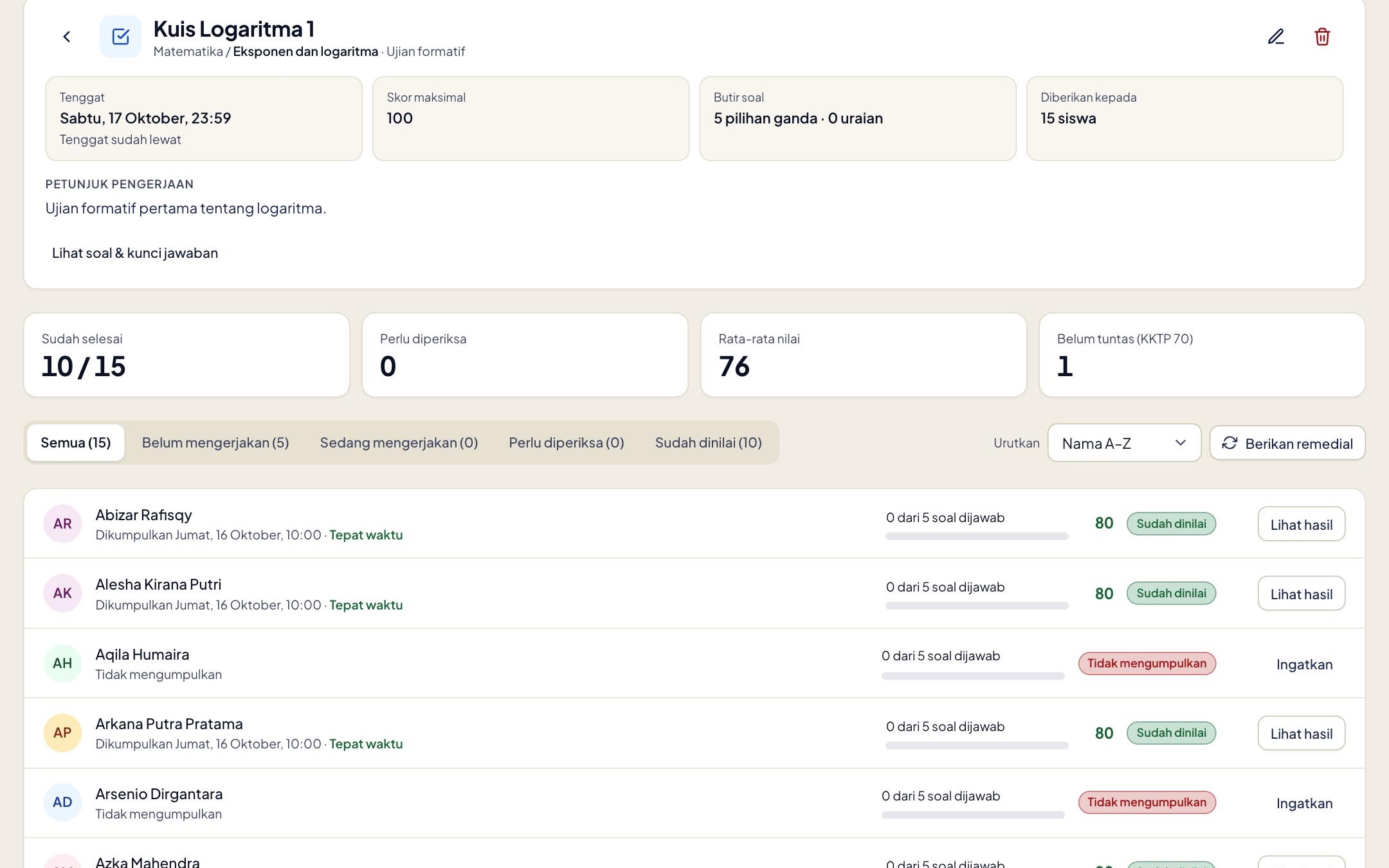 Exam progress with an Assign remedial button