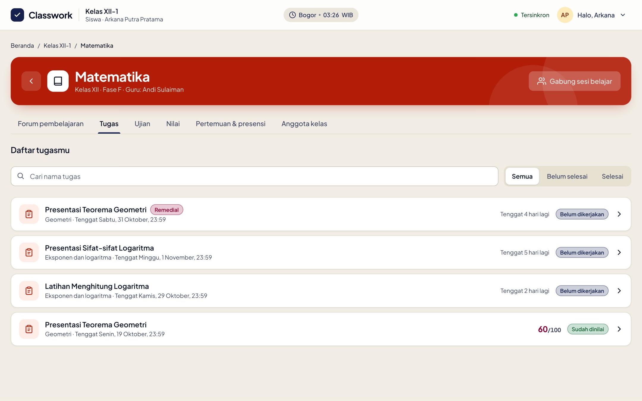 Assignment list with status labels