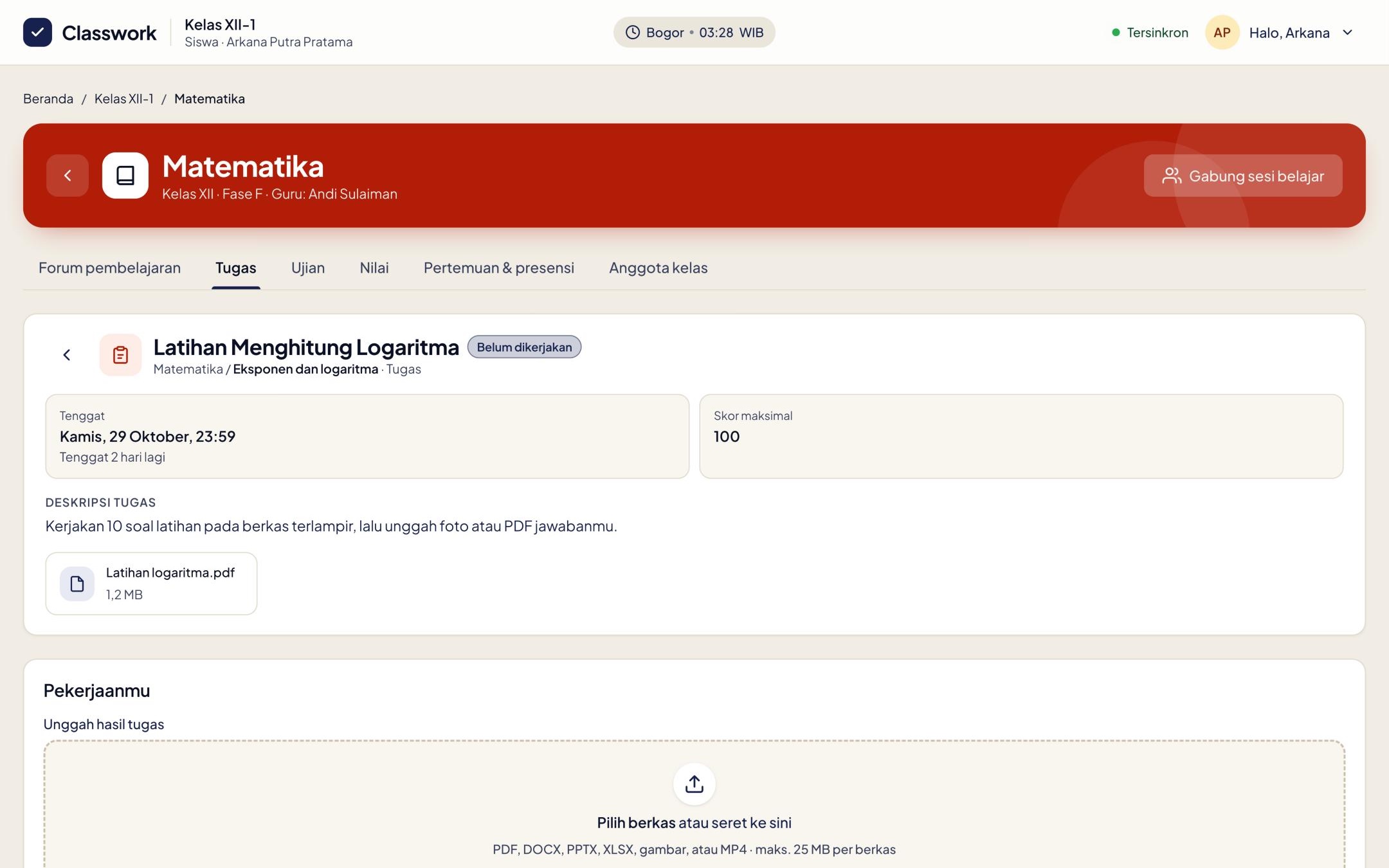 Assignment page with deadline and upload