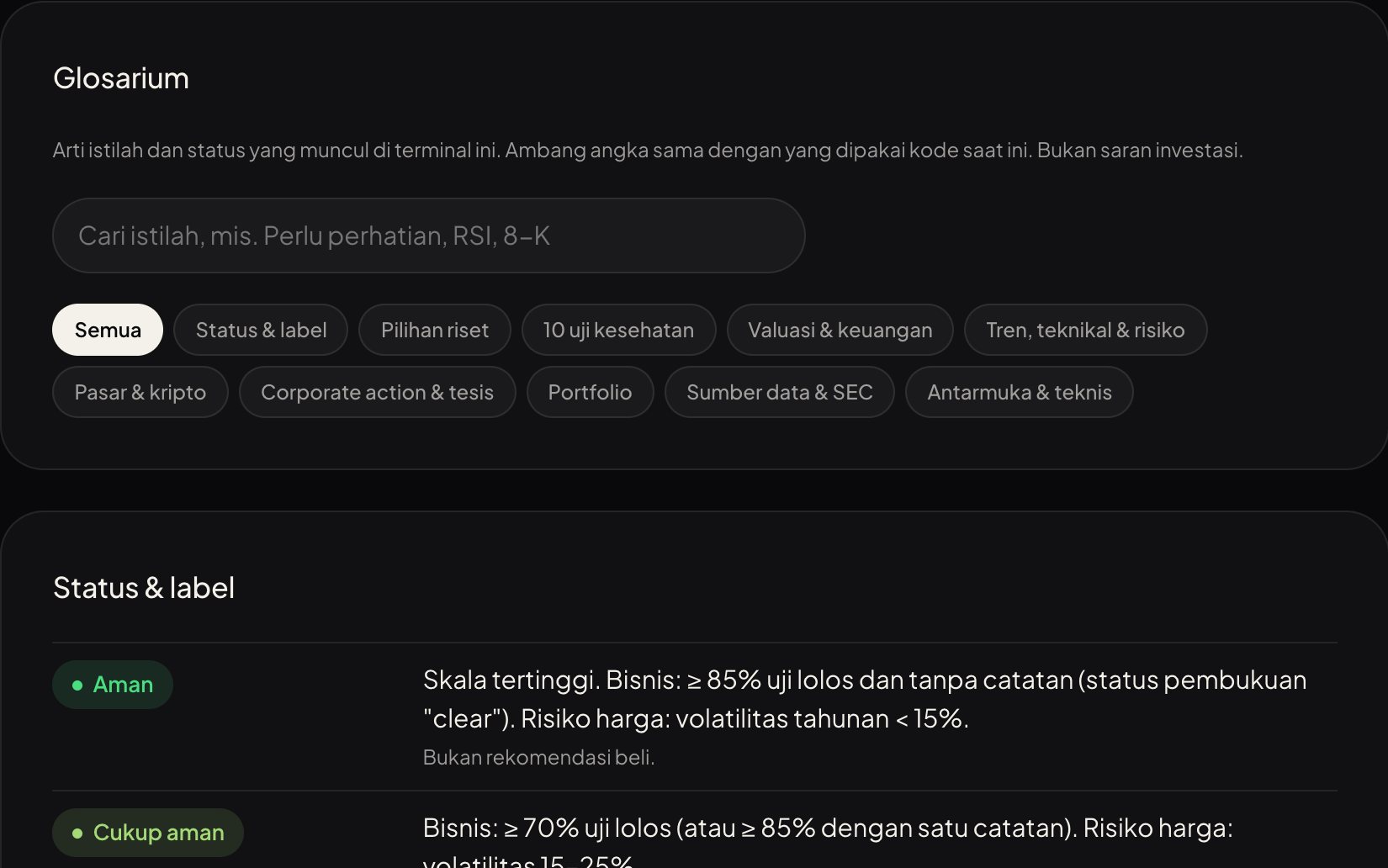 Glossary page with status labels