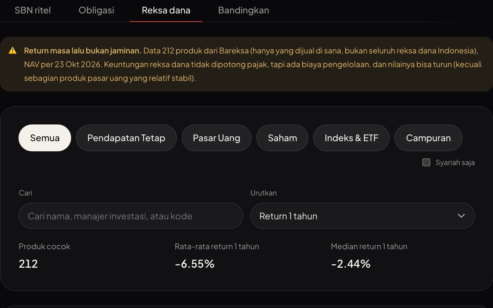 Mutual funds tab with type filters